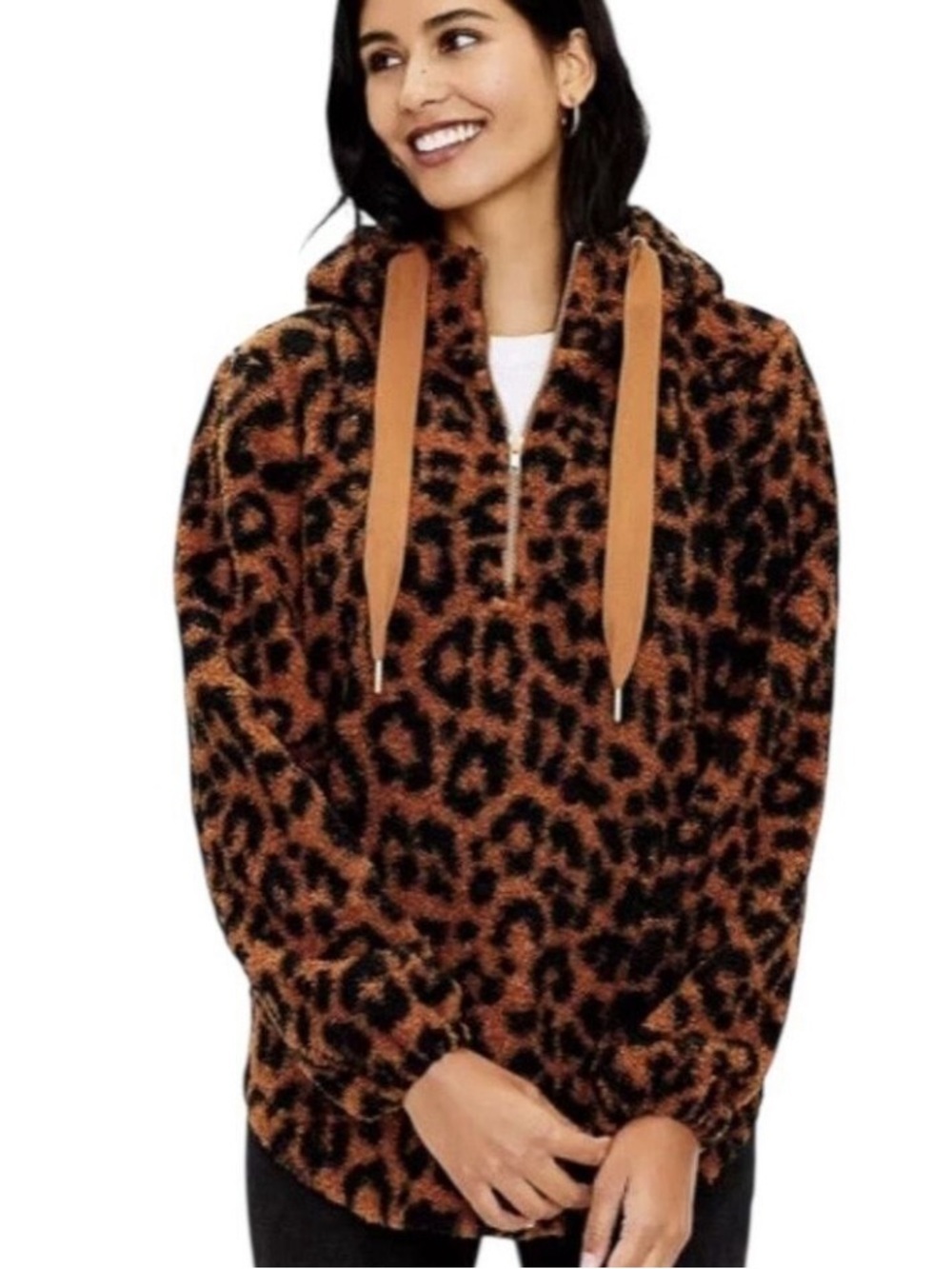 LOFT Leopard Print 1/4 Zip Sherpa Hoodie Auburn Size XL